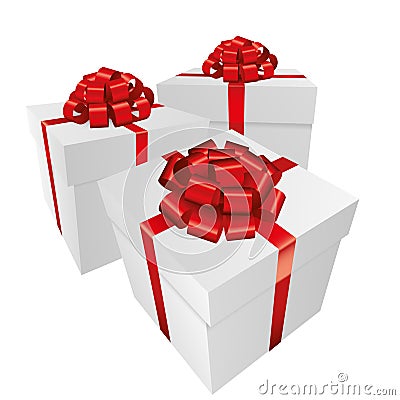 Three white gift boxes with a red bow - Christmas and birthday present collection Stock Photo