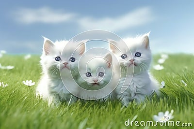 Three white kittens on the grass, AI generative Stock Photo