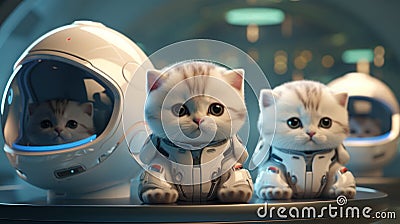 Three white kittens sitting in a space suit with helmets on, AI Stock Photo
