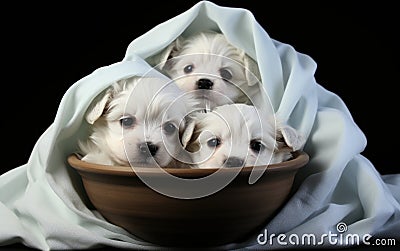 Three white puppies in a bowl under a blanket. Generative AI image. Stock Photo