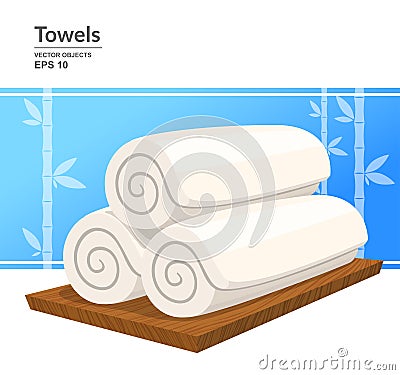 Three white rolled towels on wooden plate. Vector Vector Illustration