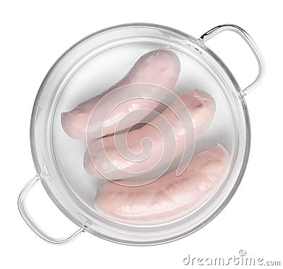 Three white sausages in a glass saucepan isolated on white above Stock Photo