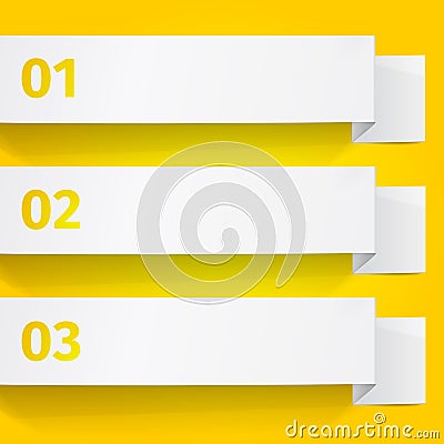 Three white sheets of paper on a yellow background. Origami vector banners Vector Illustration