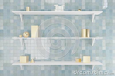 Three white shelves on the wall with blue tiles and abstract golden geometric objects. Stock Photo