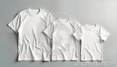 Three white t-shirts in different sizes displayed on gray background. Shirts ready for customization creating family matching Stock Photo