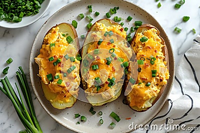 Three whole baked potatoes in jacket stuffed with chicken, green onions and cheddar cheese flat lay on plate on white background Stock Photo