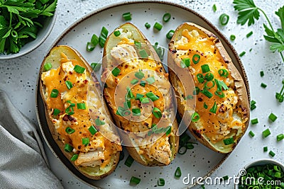 Three whole baked potatoes in jacket topped with chicken, green onions and cheddar cheese top view on plate on white Stock Photo