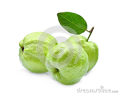 Three whole guava fruit with green leaf isolated on white Stock Photo