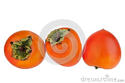 Three whole persimmon orange fruit with green leaves on white background isolated close up, top view, side view, rear view Stock Photo