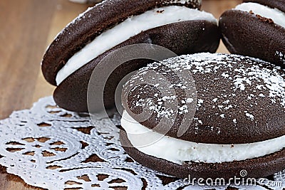 Three Whoopie Pies or Moon Pies Stock Photo