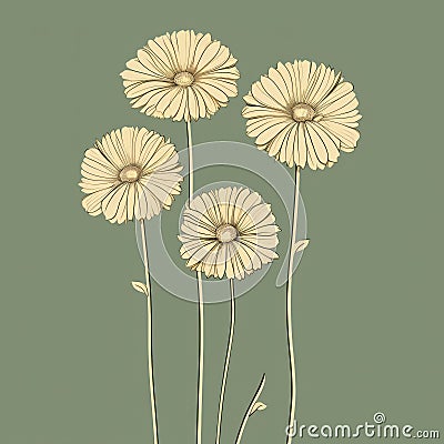 Nostalgic Floral Illustration On Green Background Cartoon Illustration