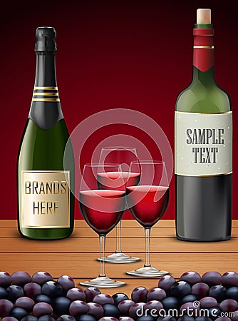 Three wineglass and champagne bottles Vector Illustration