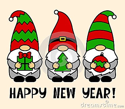 Three winter gnomes. Phrase Happy New Year. Vector characters with tree, ball, present Vector Illustration