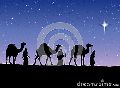 Three Wise kings following Star of Bethlehem. Vector illustration Vector Illustration