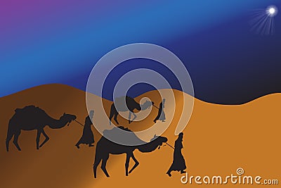 Three wise kings silhouettes traveling with camels to Bethlehem Vector Illustration