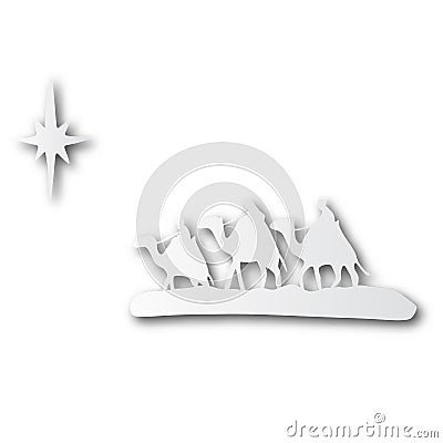 Three wise men on camels and star in shape of cut paper with shadow isolated on white background Vector Illustration