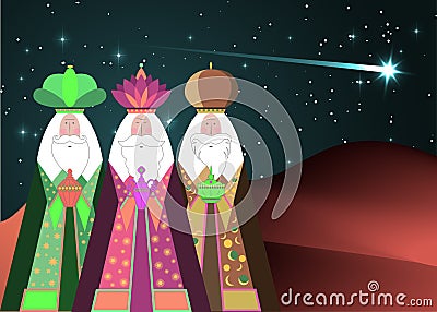 Three wise men Christmas. Three biblical Kings, Caspar, Melchior and Balthazar. Bethlehem Nativity concept, Epiphany Vector Illustration