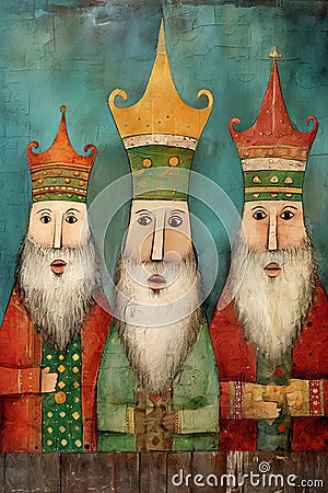 Three Wise Men. Christmas nativity scene. Jesus Christ birth. Generative Ai Cartoon Illustration