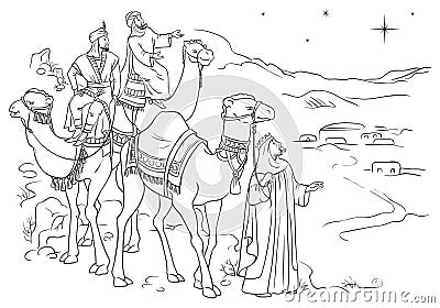 Three wise men following the star of Bethlehem Vector Illustration
