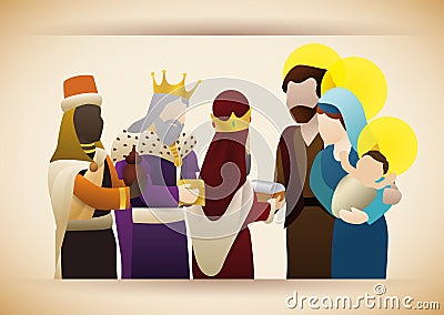 The Three Wise Men with gifts visit the baby Jesus, Vector Illustration Vector Illustration