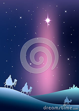 Three Wise Men are visiting Jesus Christ after His birth Vector Illustration