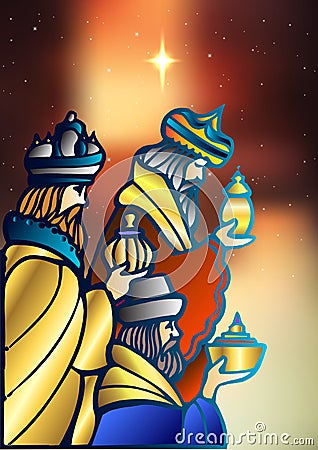 Three Wise Men are visiting Jesus Christ after His birth Vector Illustration