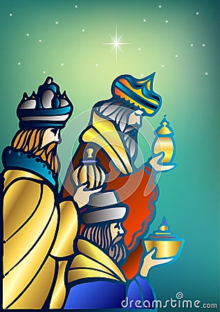 Three Wise Men are visiting Jesus Christ after His birth Vector Illustration