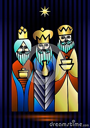 Three Wise Men are visiting Jesus Christ after His birth Vector Illustration