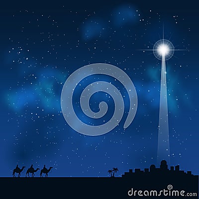 Three wise men on the way to see a baby Jesus in Bethlehem Vector Illustration