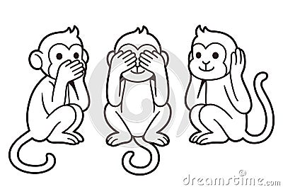 Three wise monkeys line drawing Vector Illustration