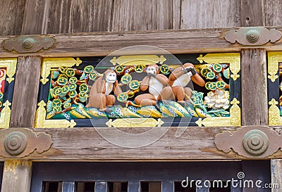 Three wise monkeys in Nikko Stock Photo