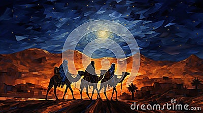 Three wisemen journey to Bethlehem at night, AI-generated. Stock Photo