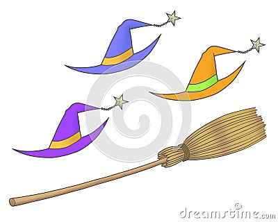 Three witch hats and a broom Stock Photo