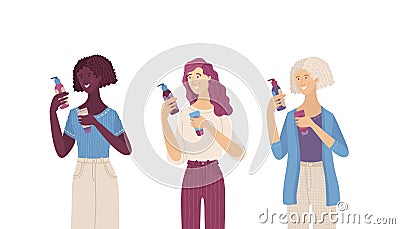 Three woman choosing natural eco-friendly skincare cosmetics vector cartoon clipart Vector Illustration