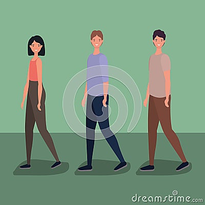 Three woman and men cartoons walking vector design Vector Illustration