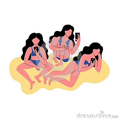 Three women in bikini use a smartphone. Vector illustration Cartoon Illustration