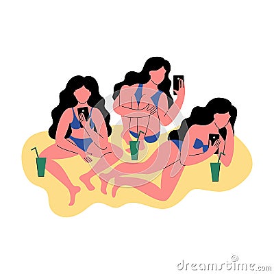 Three women in bikini use a smartphone. Women with cocktails. Vector illustration Cartoon Illustration