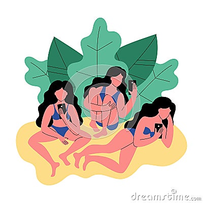 Three women in bikini use a smartphone. Women surrounded by tropical leaves Cartoon Illustration