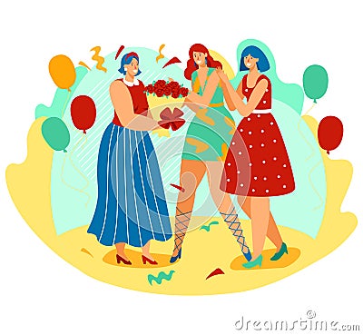 Three women celebrating, one receiving gifts and flowers at a festive party with balloons. Joyful friends partying with Vector Illustration