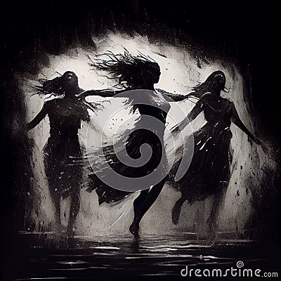 Three women dancing in rain oil painting Cartoon Illustration