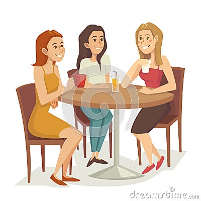 Three Women Drinking Coffee And Tea At The Restaurant Or Cafe, Cartoon ...