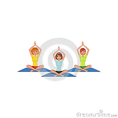 Three women sitting in lotus position with hands up. Physical activity and healthy lifestyle. Cartoon sporty people Vector Illustration