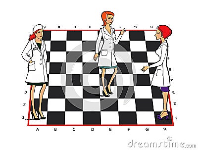 Three women in white coats uniforms on a chessboard. Medicine, pharmacy, staff. Service Relationships Stock Photo