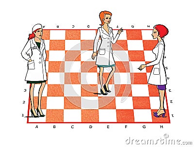 Three women in white coats uniforms on a chessboard. Medicine, pharmacy, staff. Service Relationships Stock Photo