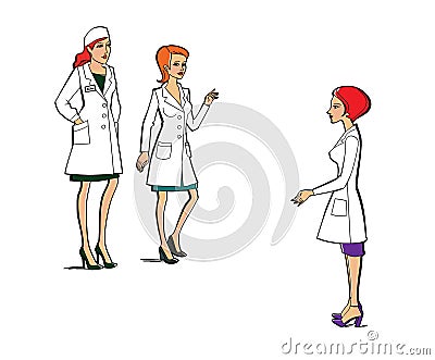 Three women in white coats uniforms isolated on white background. Medicine, pharmacy, staff. Service Relationships Stock Photo