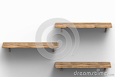 Three wooden shelves on wall Stock Photo