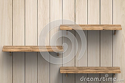 Three wooden shelves on wall Stock Photo