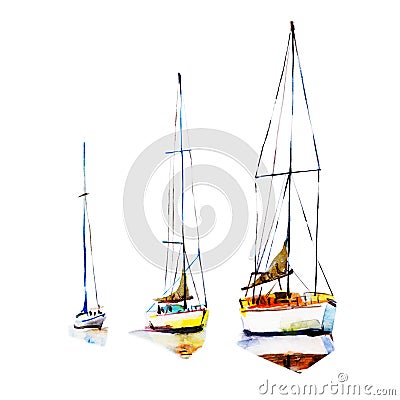 Three yachts with deflated sails. Watercolor sailboat illustration hand drawn loose style. Cartoon Illustration