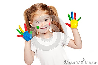 Three Year Old Gilr With Brightly Painted Hands Stock Photo