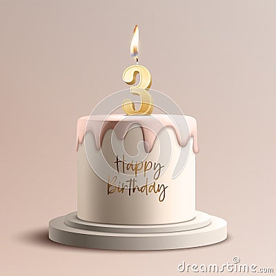 Three Years. Vector Birthday Anniversary Sweet Cake. Greeting Card, Banner with 3d Realistic Burning Golden Birthday Stock Photo